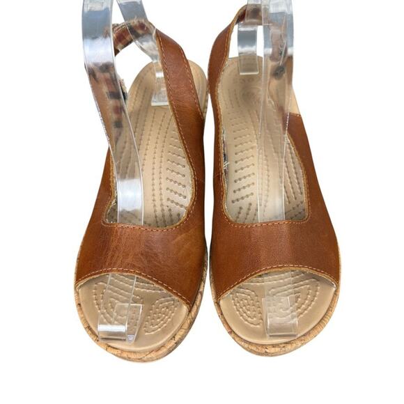 Crocs A-Leigh Leather Brown Cork Wedge Slingback Open Toe Sandals Shoes sz 7 - Picture 6 of 16